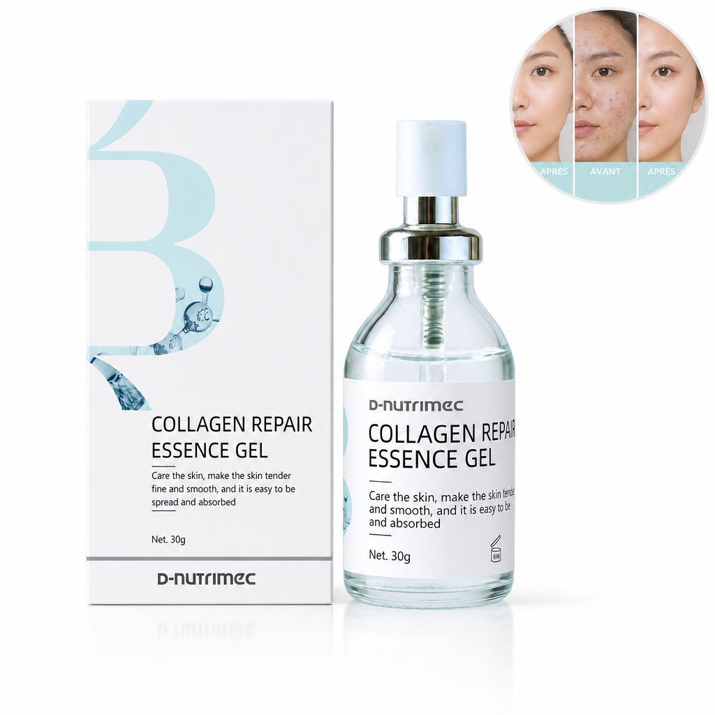 Gel Essence Réparateur au Collagène D-nutrimec avec son flacon, sa boîte et trois visages avant après